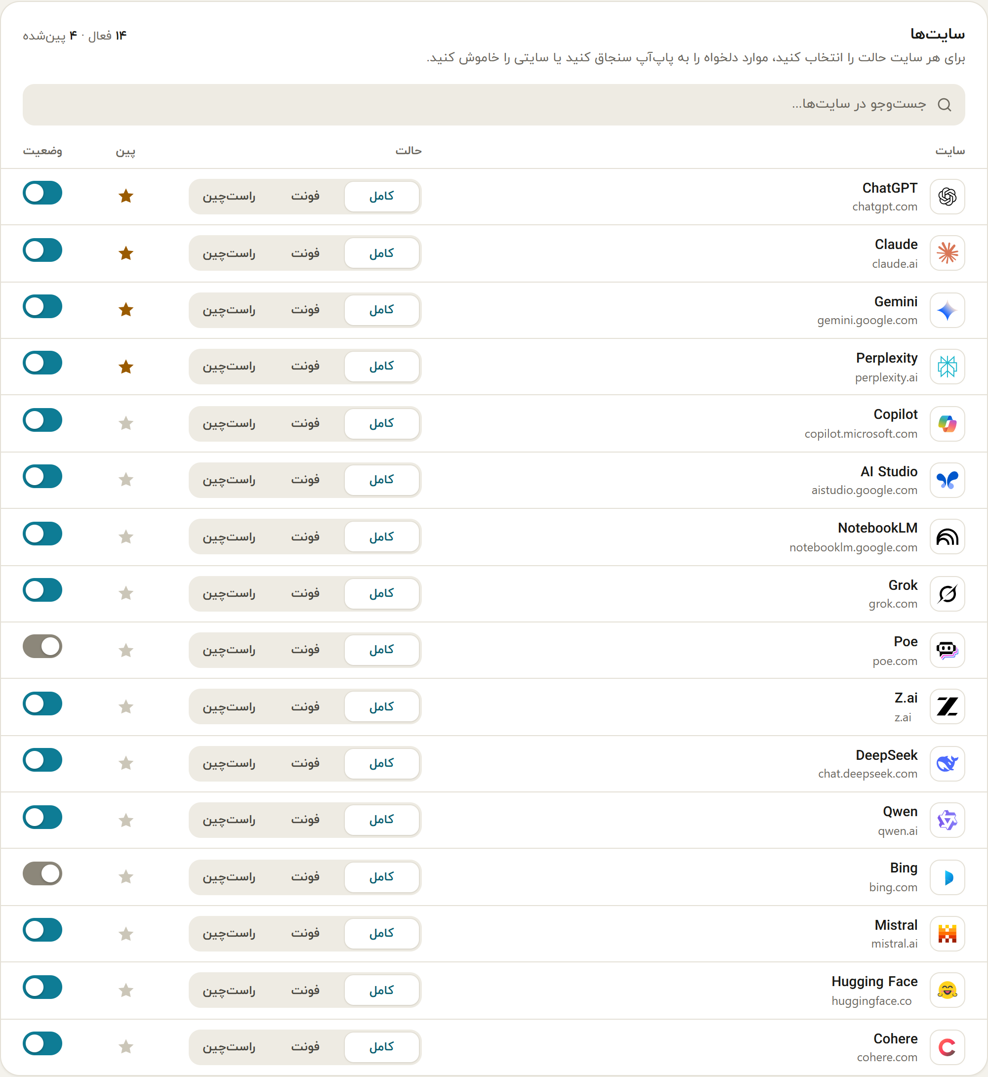 The sites table with the 16 supported sites, their mode buttons, pin stars and switches